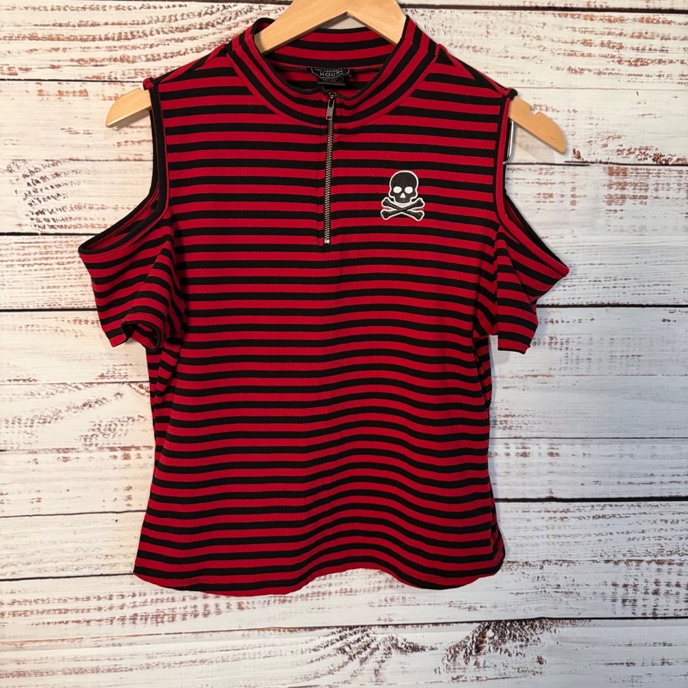 Midnight Hour Cold Shoulder Top Womens XL Red Black Striped Skull Quarter Zip